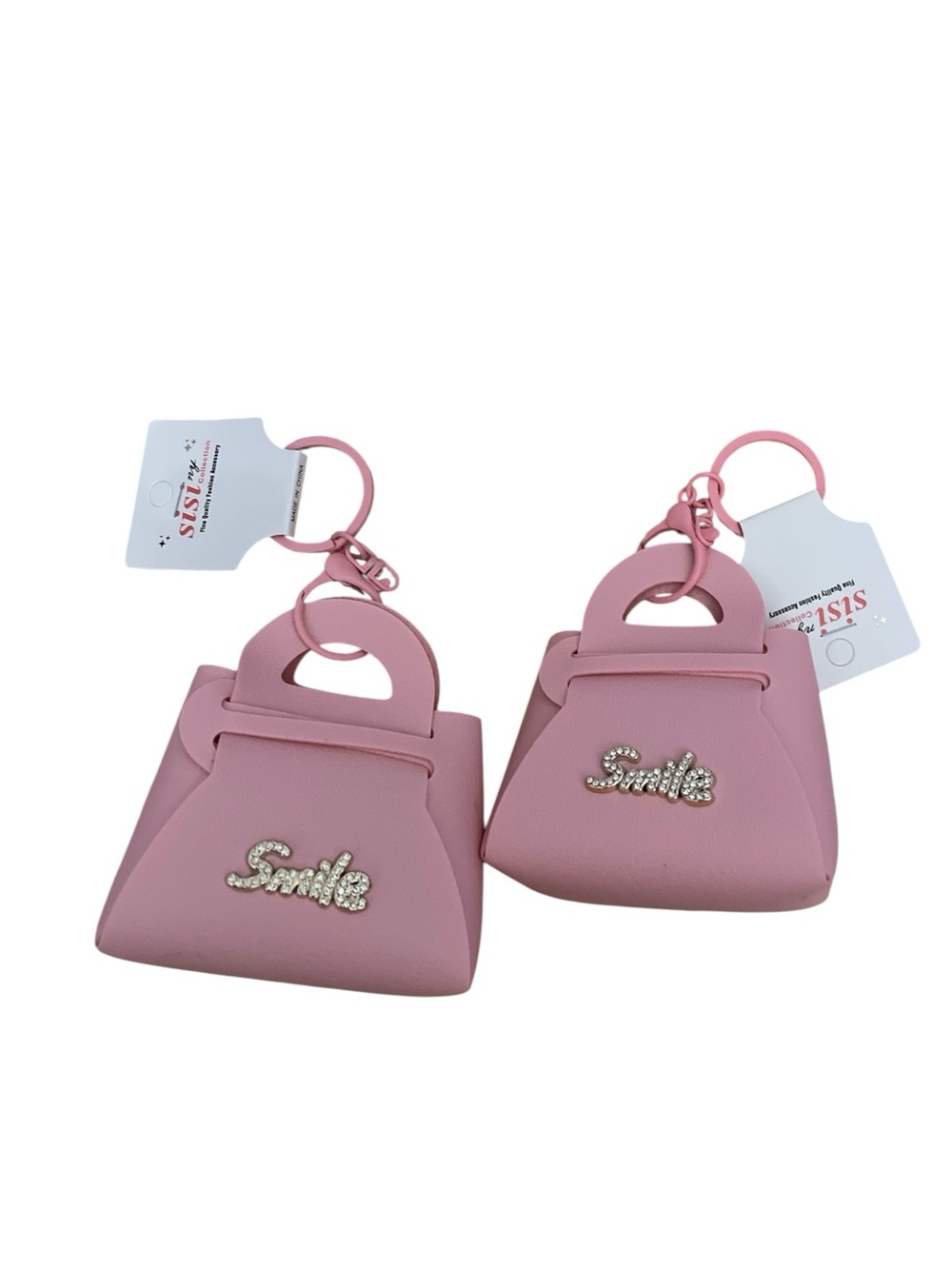 SISI SMILE LIGHT PINK RHINESTONE BLING BAG CHARM KEYCHAIN SET OF TWO